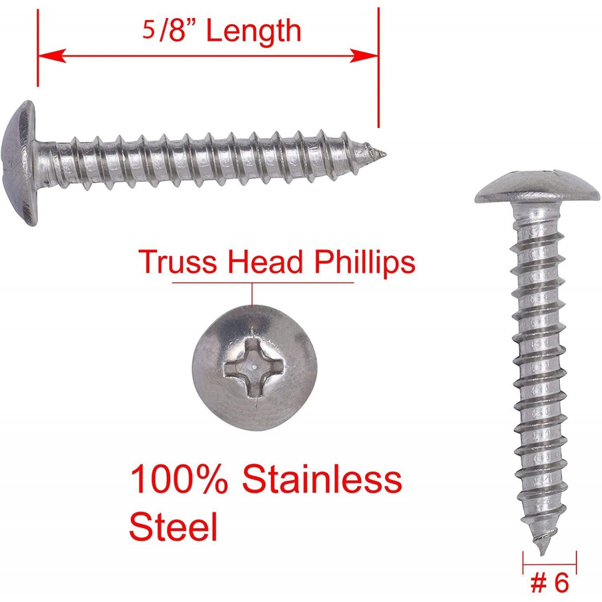 #6, 5/8″ Stainless Truss Head Phillips Wood Screw 100Pcs - Persberg